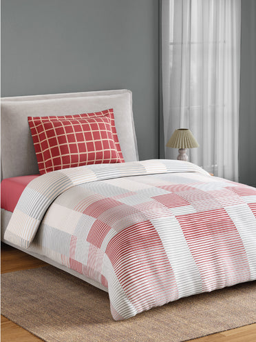 Spaces Flora 100% Cotton 144 TC Percale Geometric Single Bedsheet with 1 Pillow Cover, Dark Pink