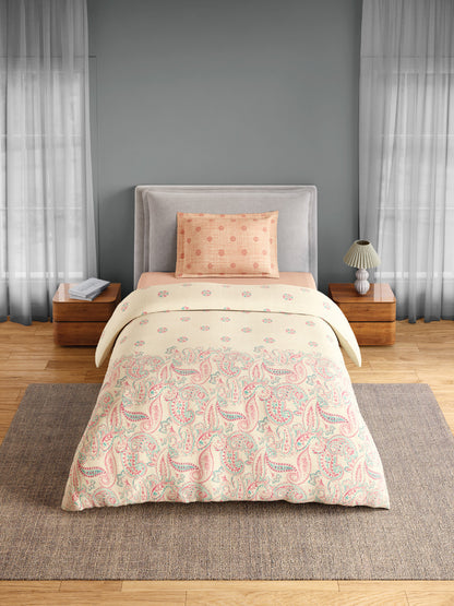 Spaces Flora 100% Cotton 144 TC Percale Ornate Single Bedsheet with 1 Pillow Cover, Light Yellow