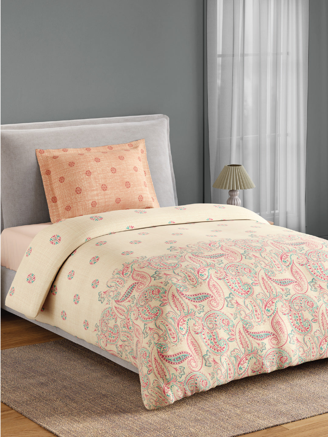 Spaces Flora 100% Cotton 144 TC Percale Ornate Single Bedsheet with 1 Pillow Cover, Light Yellow