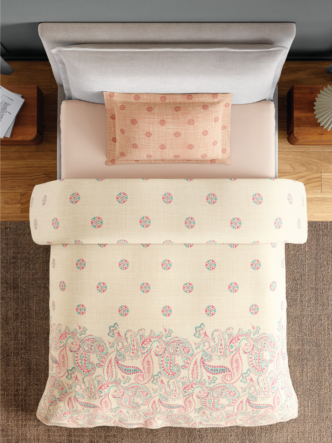 Spaces Flora 100% Cotton 144 TC Percale Ornate Single Bedsheet with 1 Pillow Cover, Light Yellow