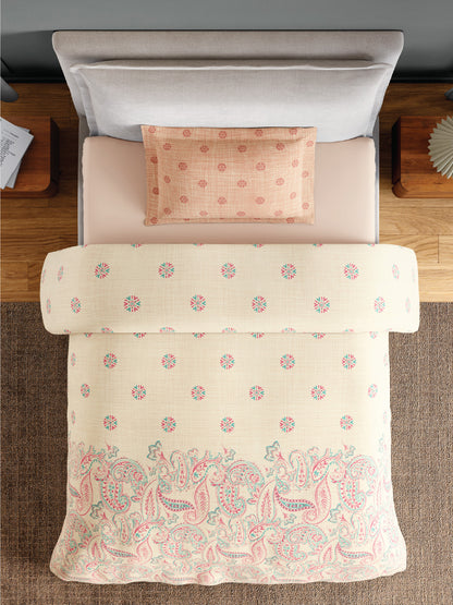 Spaces Flora 100% Cotton 144 TC Percale Ornate Single Bedsheet with 1 Pillow Cover, Light Yellow