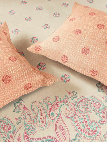 Spaces Flora 100% Cotton 144 TC Percale Ornate Single Bedsheet with 1 Pillow Cover, Light Yellow