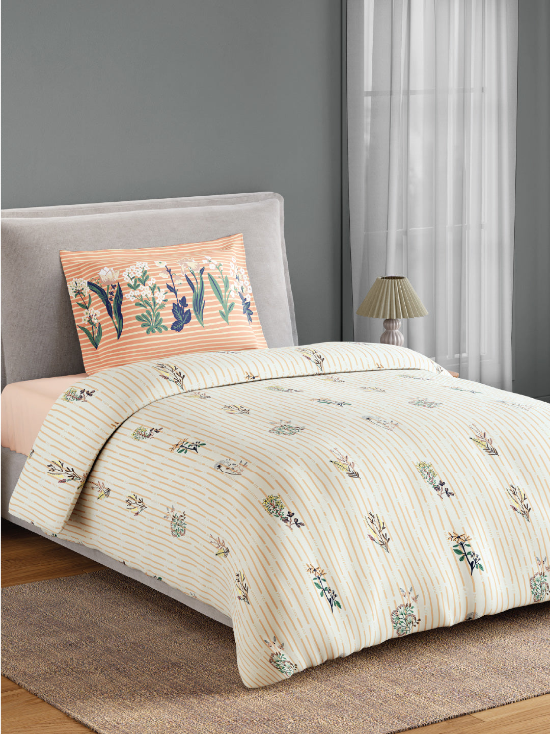 Spaces Flora 100% Cotton 144 TC Percale Floral Single Bedsheet with 1 Pillow Cover, Light Beige