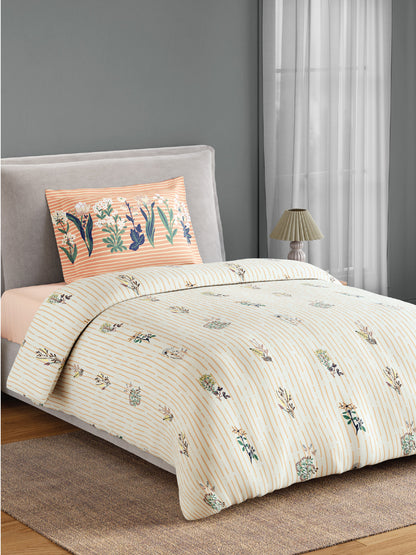 Spaces Flora 100% Cotton 144 TC Percale Floral Single Bedsheet with 1 Pillow Cover, Light Beige