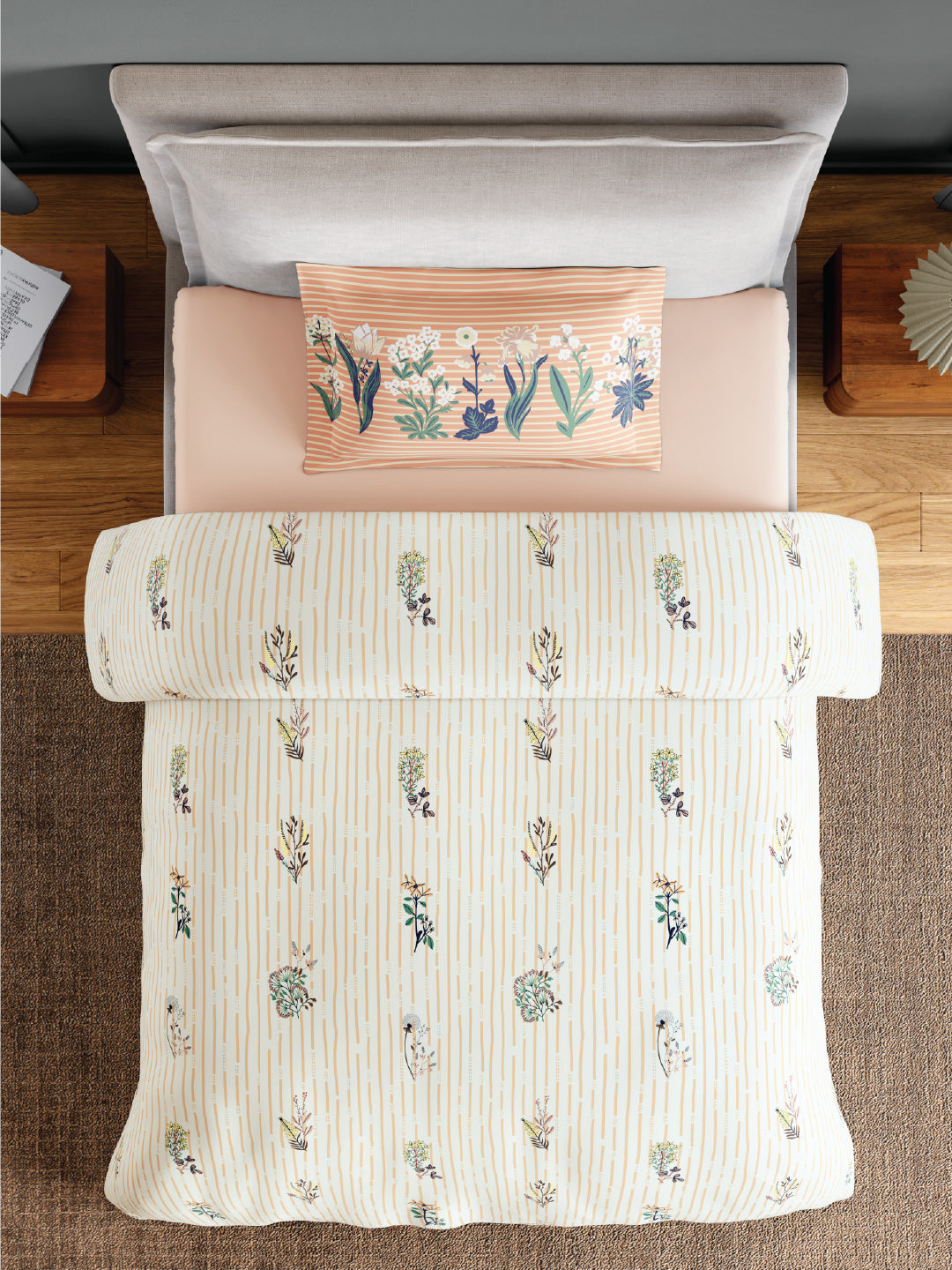 Spaces Flora 100% Cotton 144 TC Percale Floral Single Bedsheet with 1 Pillow Cover, Light Beige