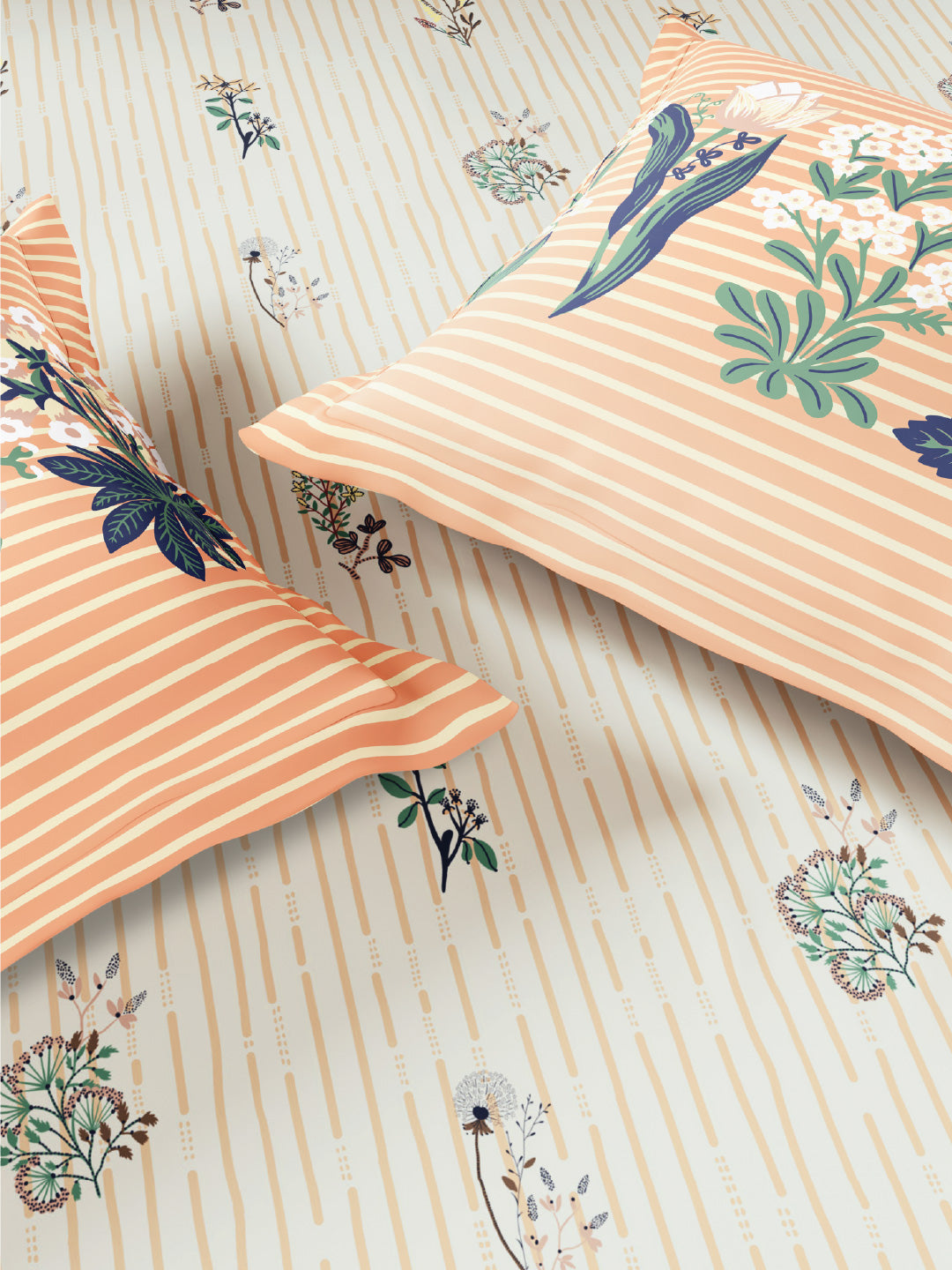 Spaces Flora 100% Cotton 144 TC Percale Floral Single Bedsheet with 1 Pillow Cover, Light Beige