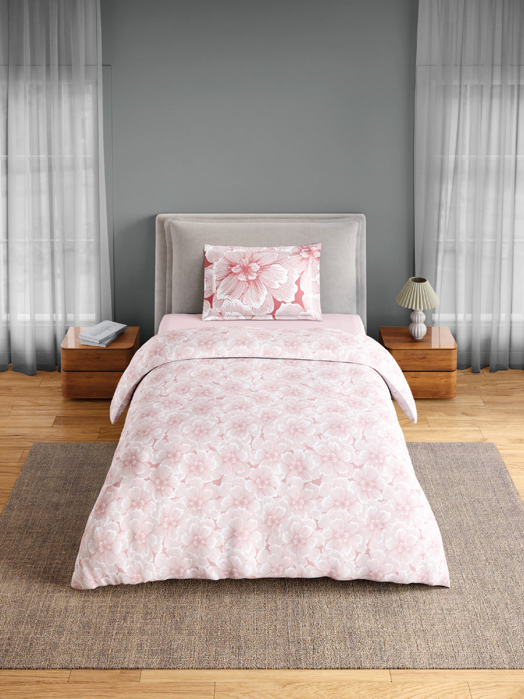 Spaces Flora 100% Cotton 144 TC Percale Floral Single Bedsheet with 1 Pillow Cover, Blush
