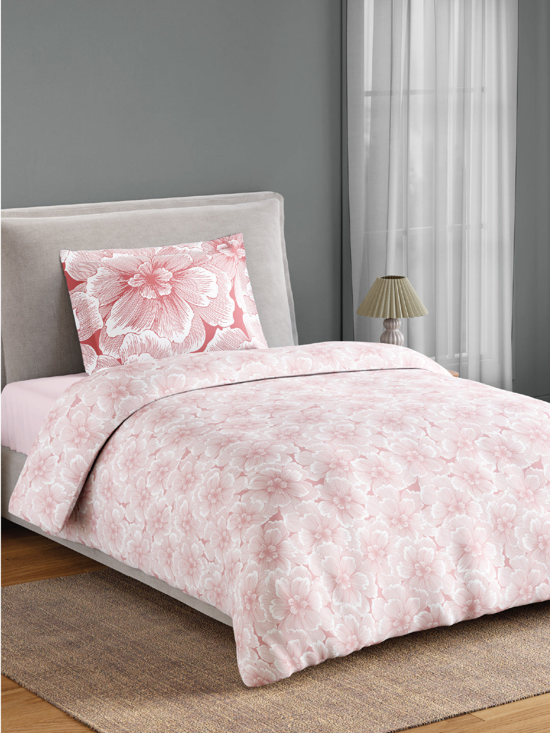 Spaces Flora 100% Cotton 144 TC Percale Floral Single Bedsheet with 1 Pillow Cover, Blush