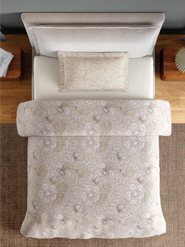 Spaces Flora 100% Cotton 144 TC Percale Floral Single Bedsheet with 1 Pillow Cover, Beige