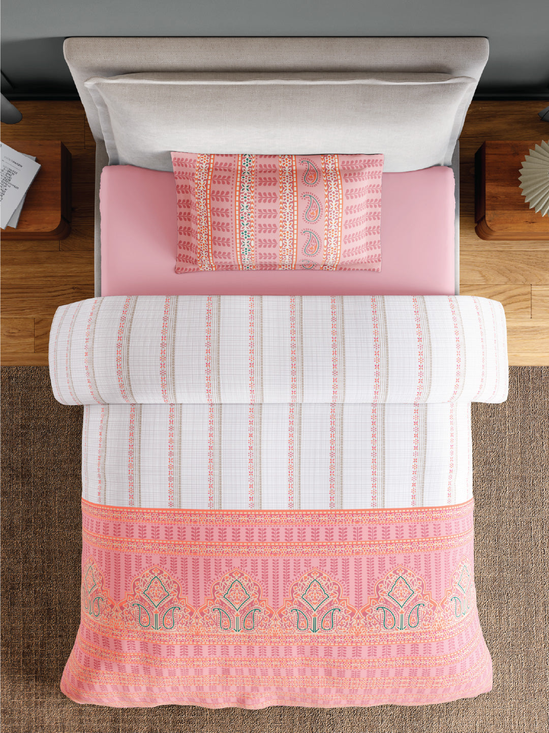 Spaces Flora 100% Cotton 144 TC Percale Ornate Single Bedsheet with 1 Pillow Cover, Pink