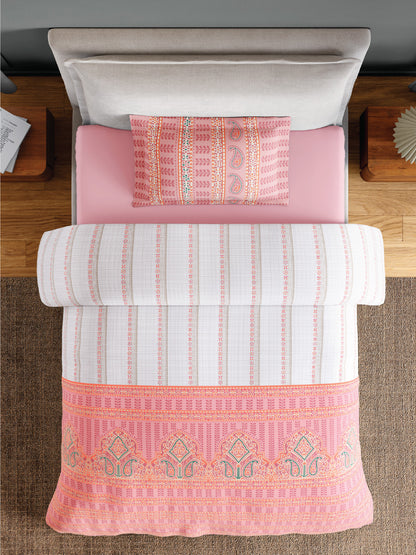 Spaces Flora 100% Cotton 144 TC Percale Ornate Single Bedsheet with 1 Pillow Cover, Pink