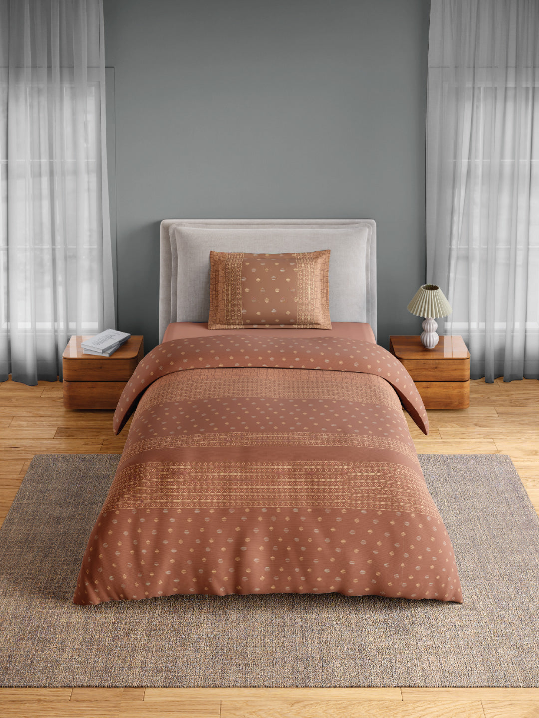 Spaces Flora 100% Cotton 144 TC Percale Ornate Single Bedsheet with 1 Pillow Cover, Brown