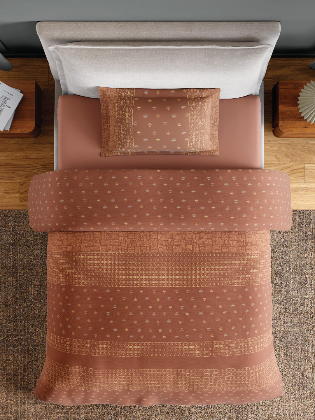 Spaces Flora 100% Cotton 144 TC Percale Ornate Single Bedsheet with 1 Pillow Cover, Brown