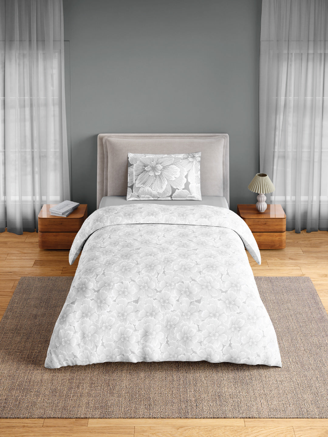 Spaces Flora 100% Cotton 144 TC Percale Floral Single Bedsheet with 1 Pillow Cover, Light Grey