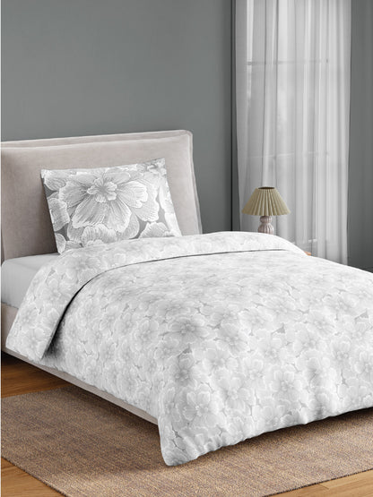 Spaces Flora 100% Cotton 144 TC Percale Floral Single Bedsheet with 1 Pillow Cover, Light Grey