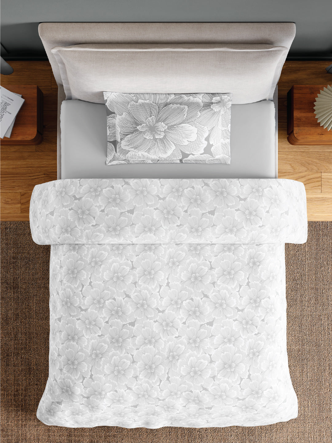 Spaces Flora 100% Cotton 144 TC Percale Floral Single Bedsheet with 1 Pillow Cover, Light Grey