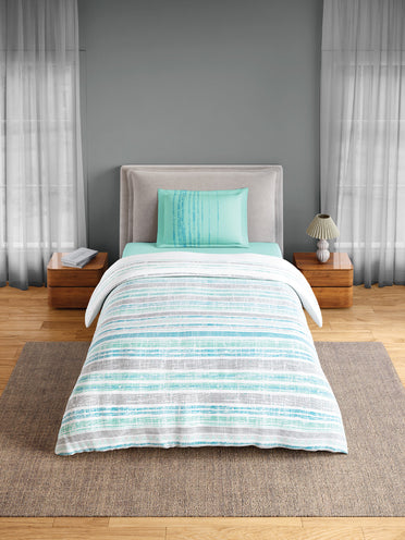 Spaces Flora 100% Cotton 144 TC Percale Geometric Single Bedsheet with 1 Pillow Cover, Aqua