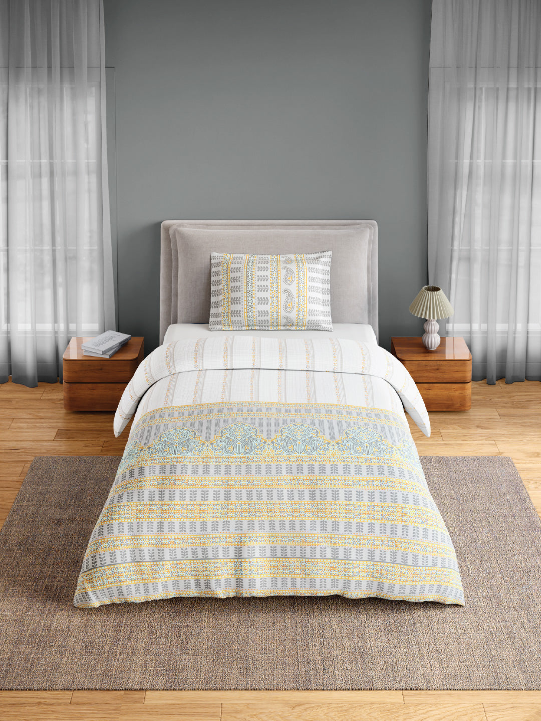 Spaces Flora 100% Cotton 144 TC Percale Ornate Single Bedsheet with 1 Pillow Cover, Light Grey