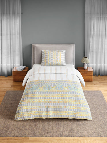 Spaces Flora 100% Cotton 144 TC Percale Ornate Single Bedsheet with 1 Pillow Cover, Light Grey