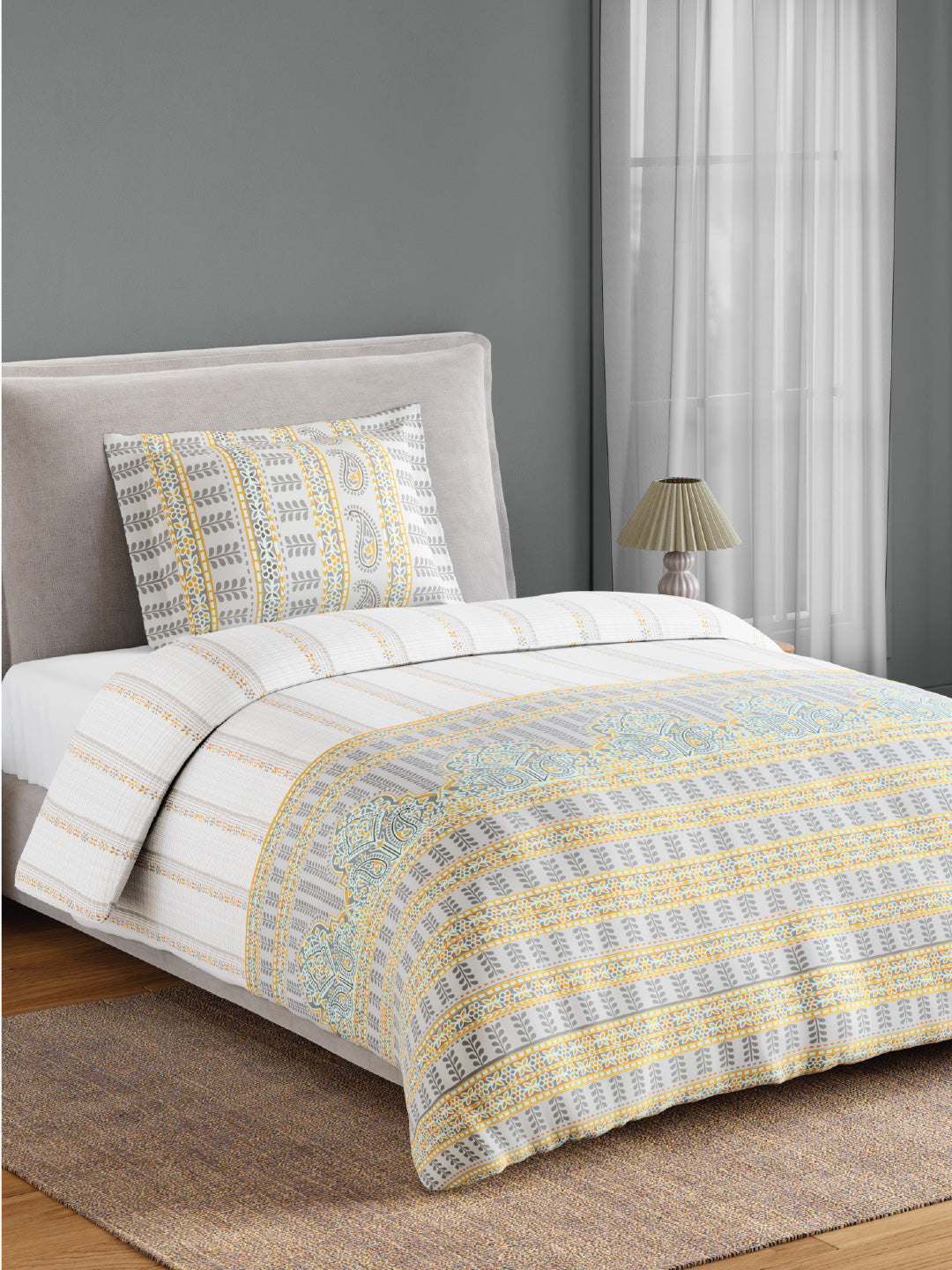 Spaces Flora 100% Cotton 144 TC Percale Ornate Single Bedsheet with 1 Pillow Cover, Light Grey