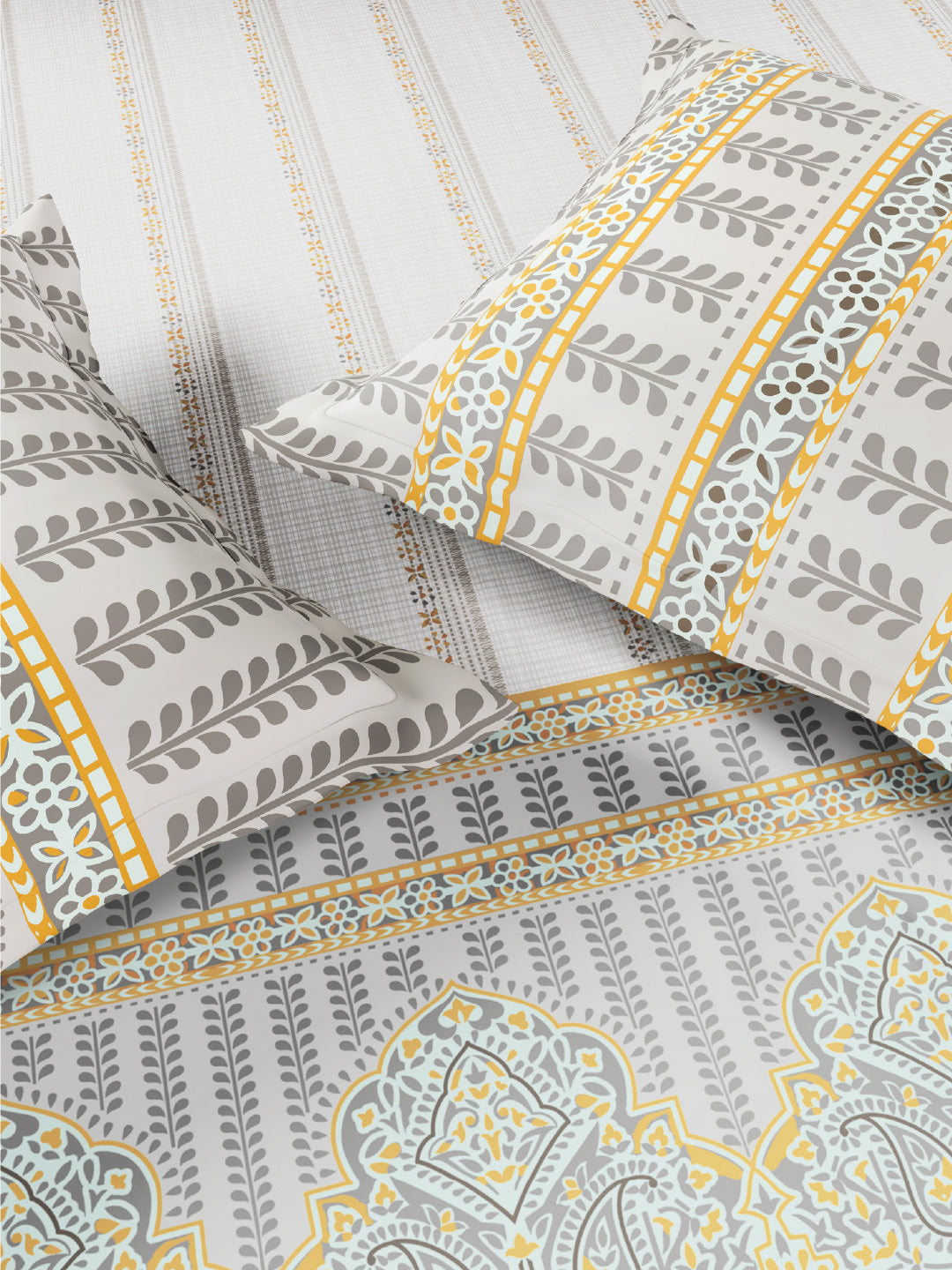 Spaces Flora 100% Cotton 144 TC Percale Ornate Single Bedsheet with 1 Pillow Cover, Light Grey