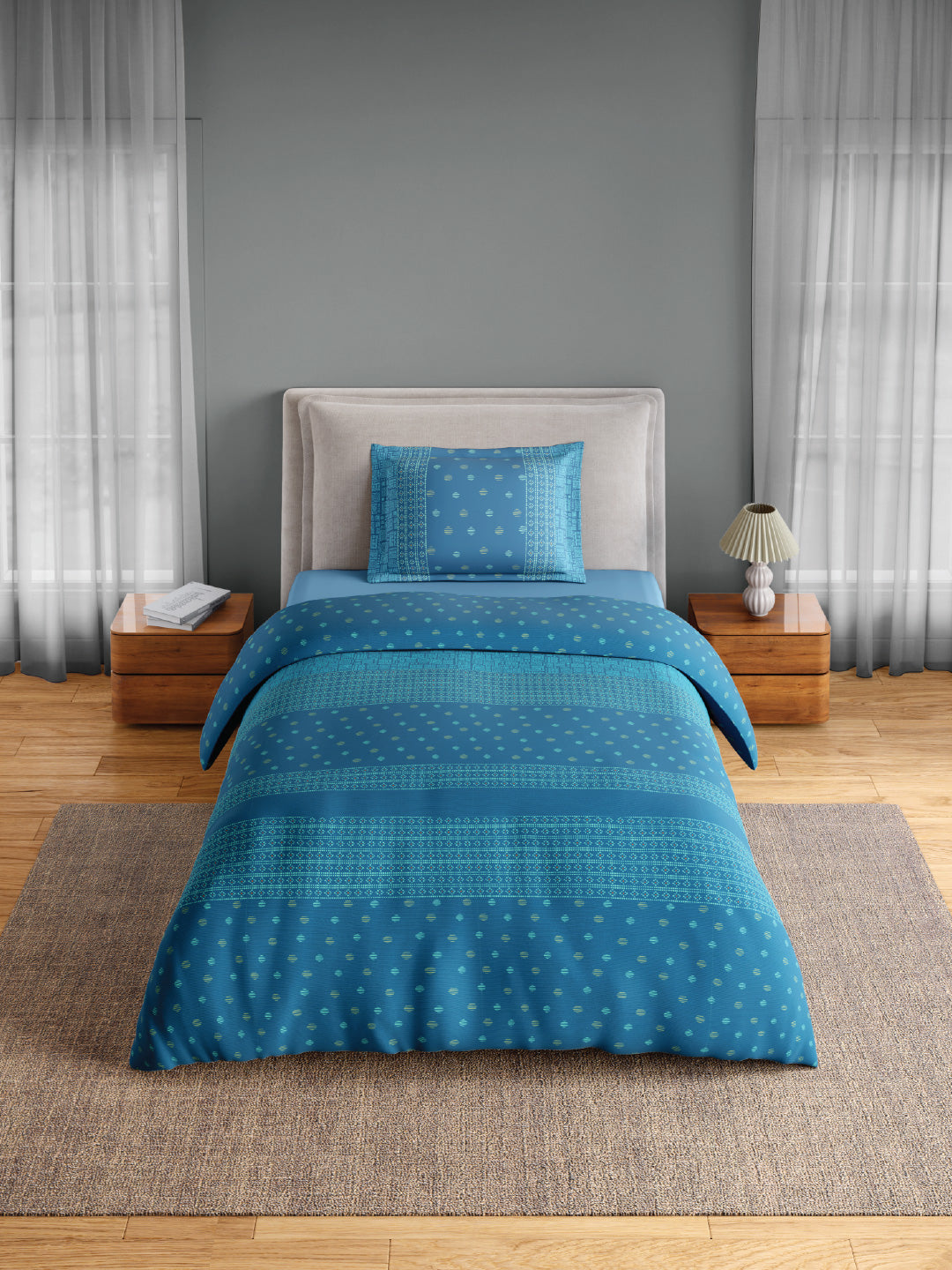 Spaces Flora 100% Cotton 144 TC Percale Ornate Single Bedsheet with 1 Pillow Cover, Blue