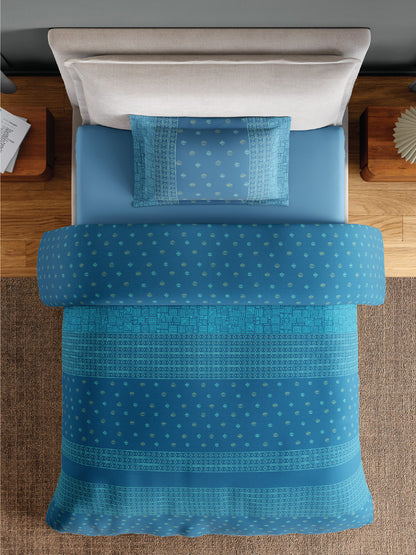 Spaces Flora 100% Cotton 144 TC Percale Ornate Single Bedsheet with 1 Pillow Cover, Blue