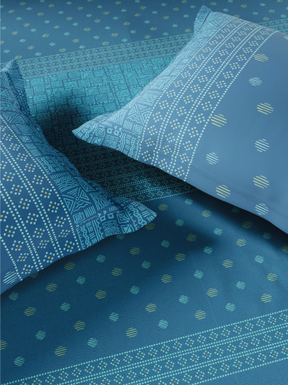 Spaces Flora 100% Cotton 144 TC Percale Ornate Single Bedsheet with 1 Pillow Cover, Blue