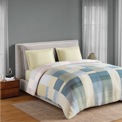 Spaces Flora 100% Cotton 144 TC Percale Geometric Double Blanket Quilt, Light Yellow