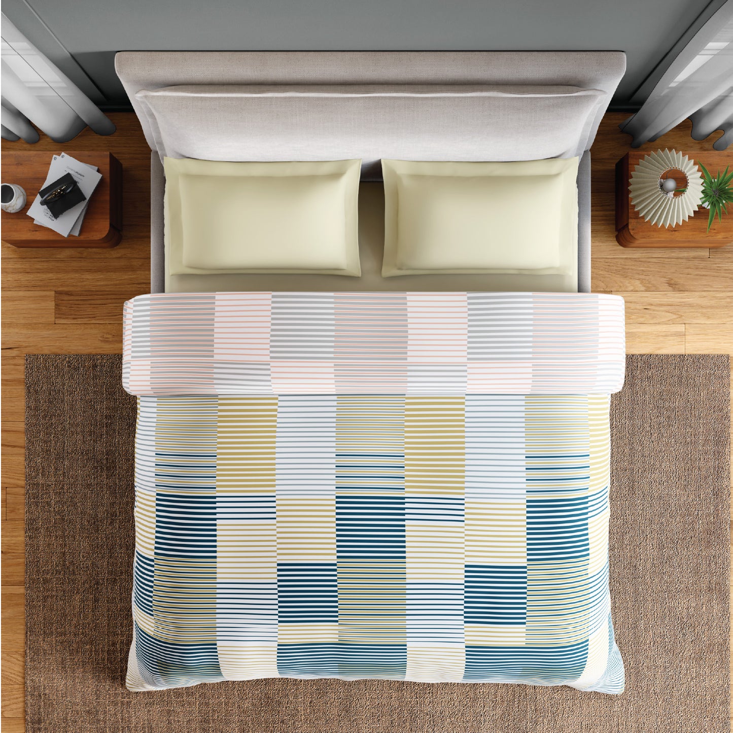 Spaces Flora 100% Cotton 144 TC Percale Geometric Double Blanket Quilt, Light Yellow