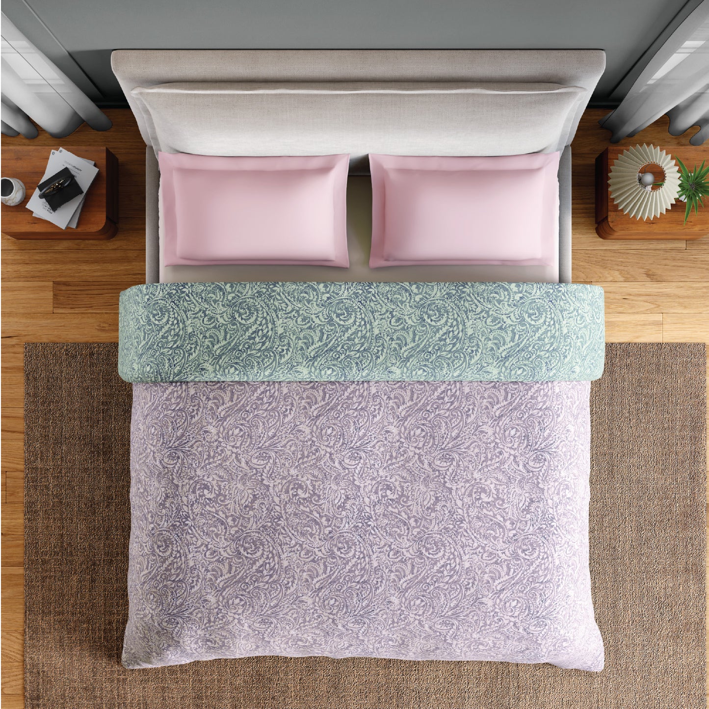 Spaces Flora 100% Cotton 144 TC Percale Floral Double Blanket Quilt, Light Violet