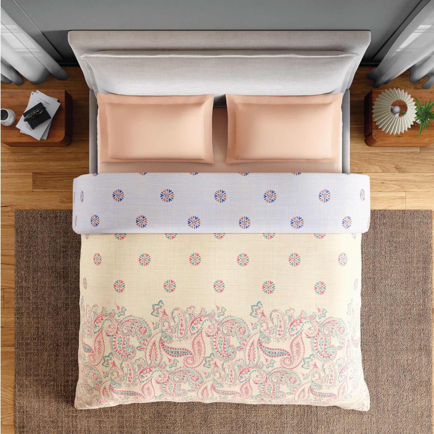 Spaces Flora 100% Cotton 144 TC Percale ornate Double Blanket Quilt, Light Yellow