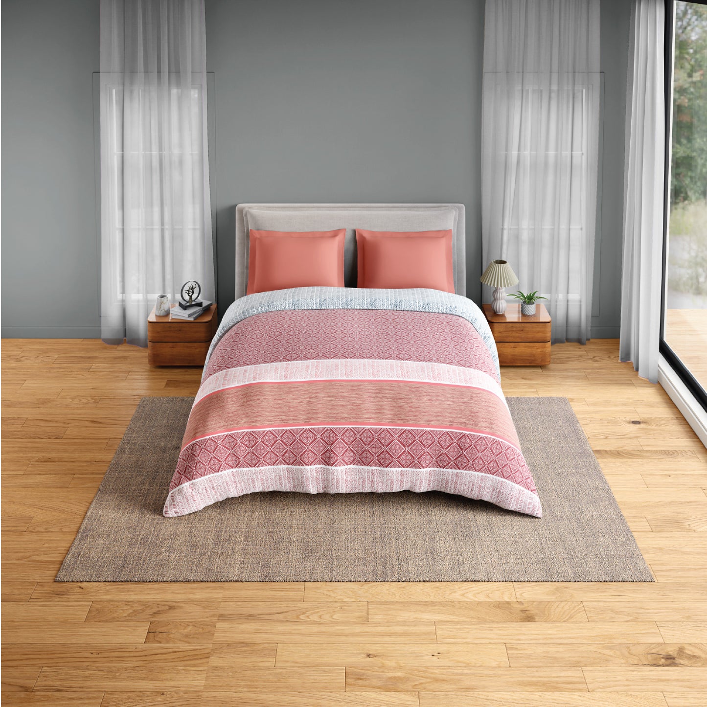 Spaces Flora 100% Cotton 144 TC Percale Geometric Double Blanket Quilt, Dark Red