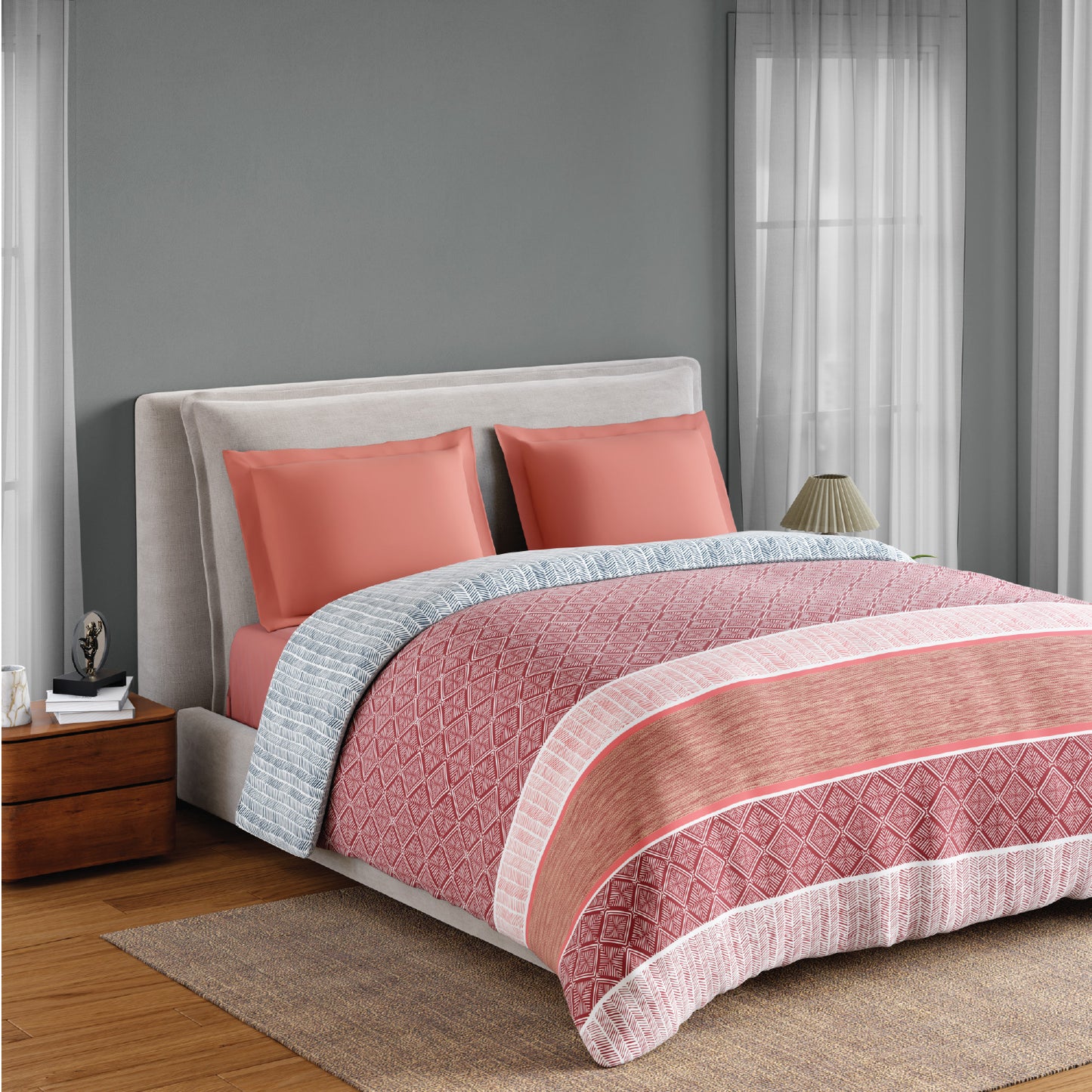 Spaces Flora 100% Cotton 144 TC Percale Geometric Double Blanket Quilt, Dark Red