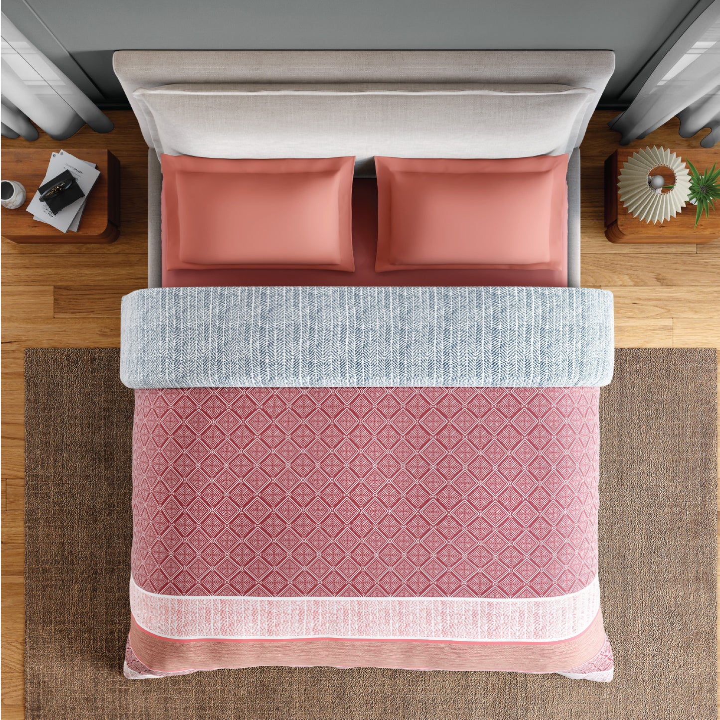 Spaces Flora 100% Cotton 144 TC Percale Geometric Double Blanket Quilt, Dark Red