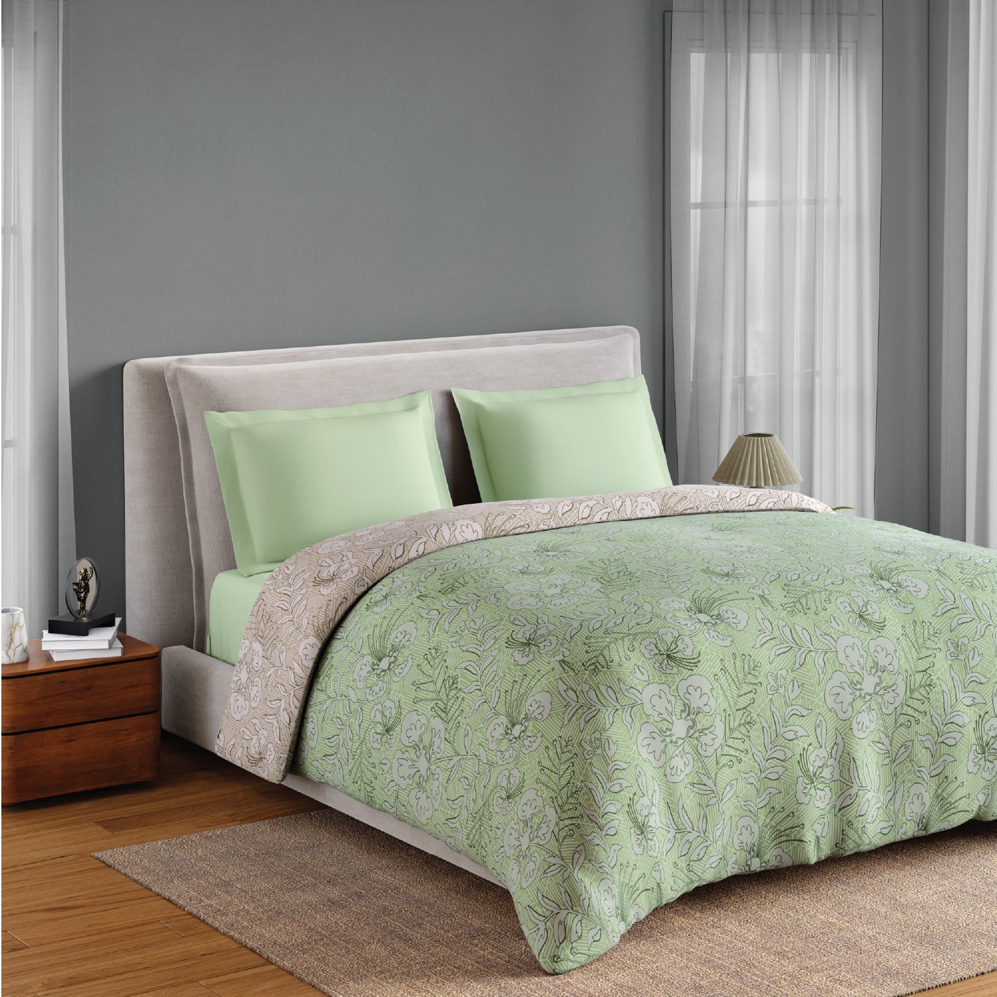 Spaces Flora 100% Cotton 144 TC Percale Floral Double Blanket Quilt, Green