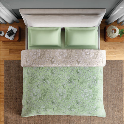 Spaces Flora 100% Cotton 144 TC Percale Floral Double Blanket Quilt, Green