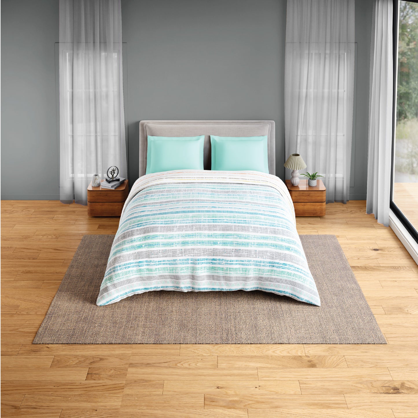 Spaces Flora 100% Cotton 144 TC Percale Geometric Double Blanket Quilt, Aqua