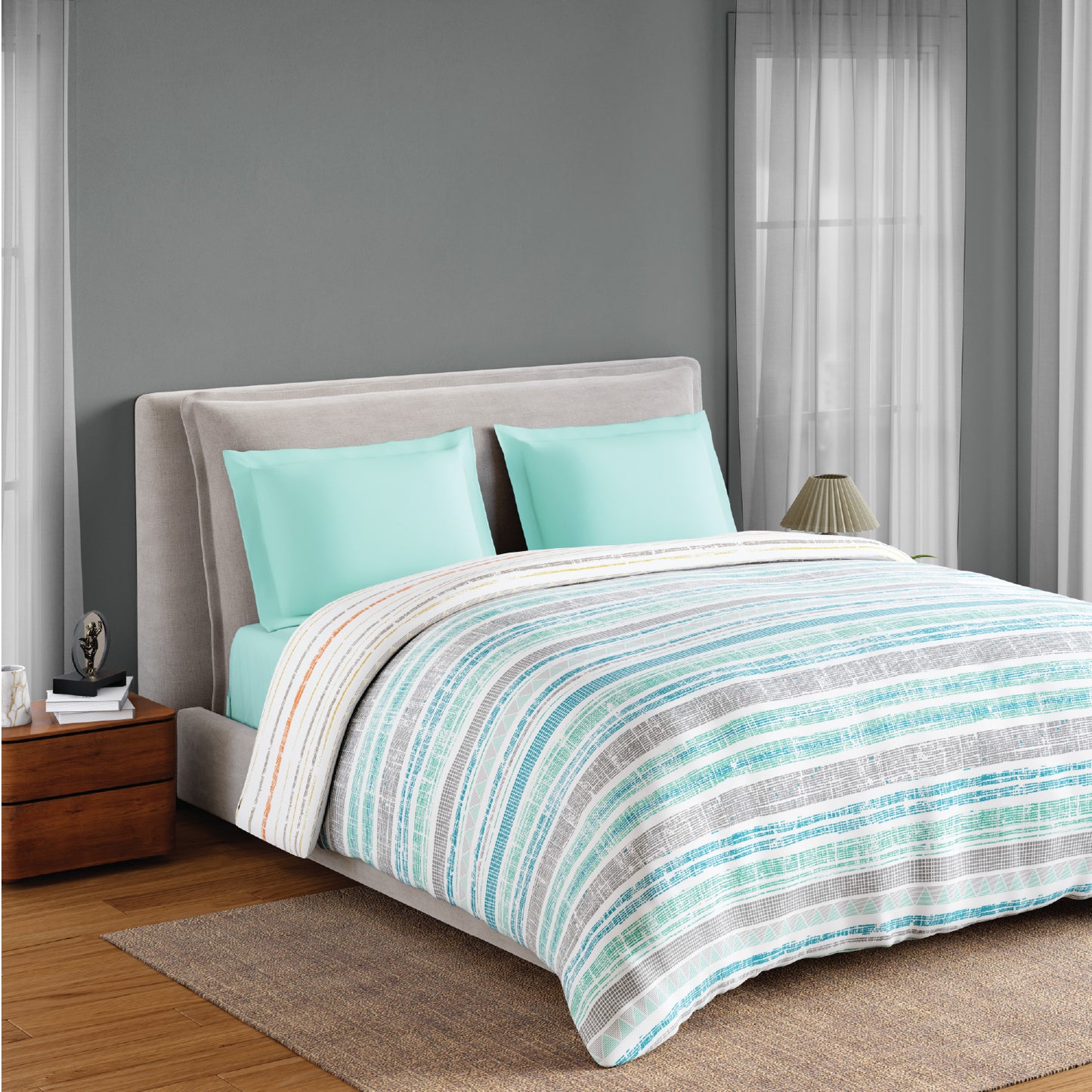 Spaces Flora 100% Cotton 144 TC Percale Geometric Double Blanket Quilt, Aqua