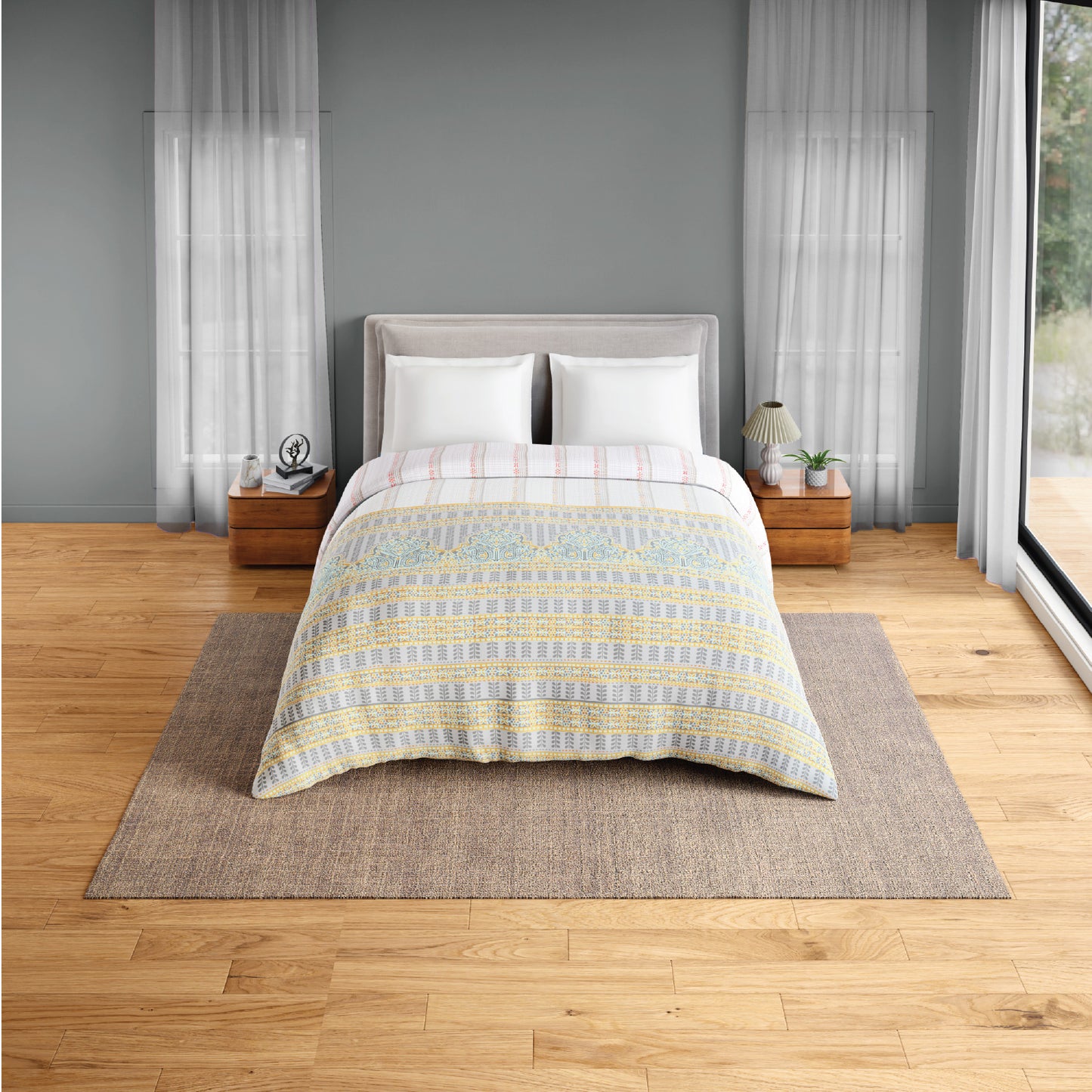 Spaces Flora 100% Cotton 144 TC Percale ornate Double Blanket Quilt, Light Grey