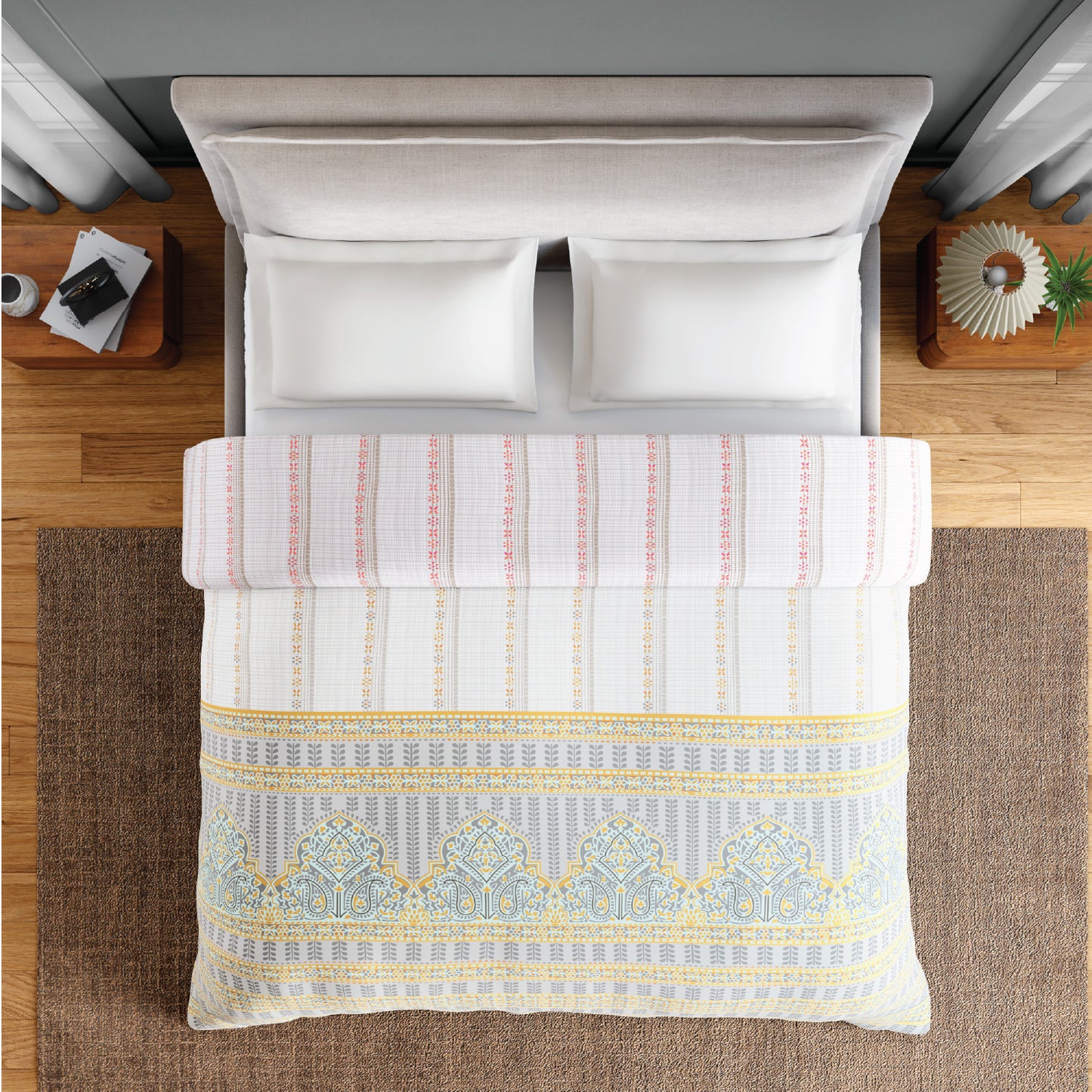 Spaces Flora 100% Cotton 144 TC Percale ornate Double Blanket Quilt, Light Grey