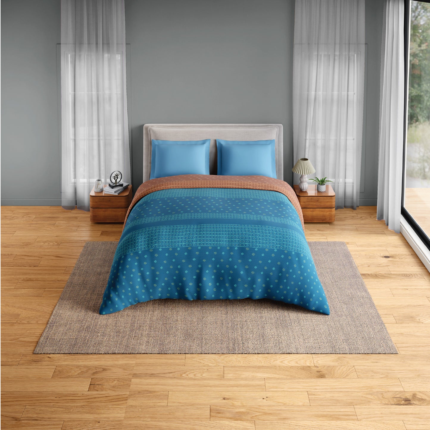 Spaces Flora 100% Cotton 144 TC Percale ornate Double Blanket Quilt, Blue