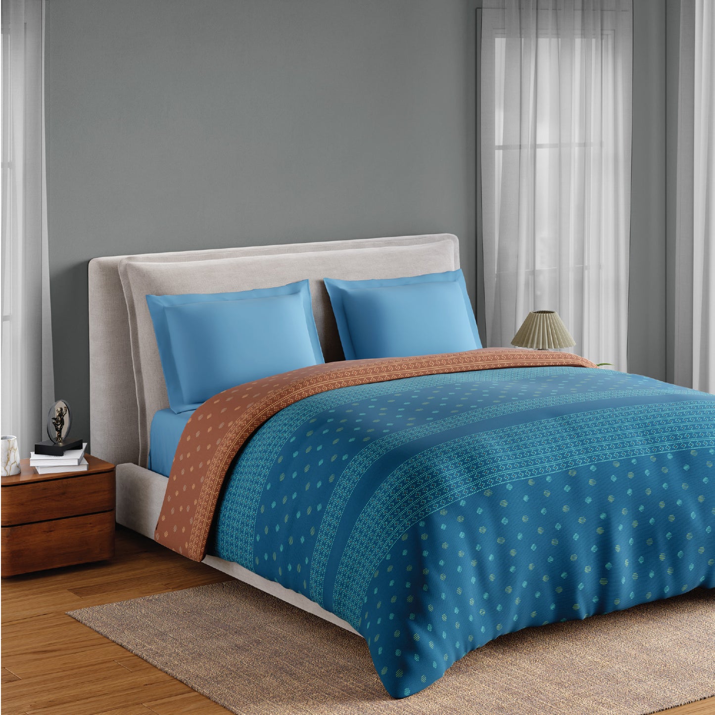 Spaces Flora 100% Cotton 144 TC Percale ornate Double Blanket Quilt, Blue