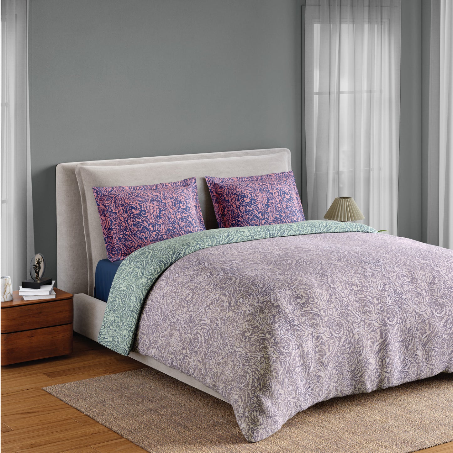 Spaces Fiora 100% Cotton 144 TC Percale Floral Permium Bedding Set, Light Violet