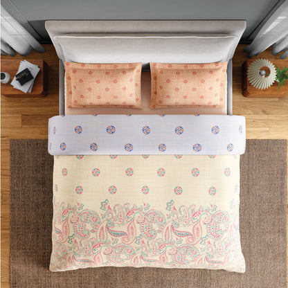 Spaces Fiora 100% Cotton 144 TC Percale Ornate Permium Bedding Set, Light Yellow