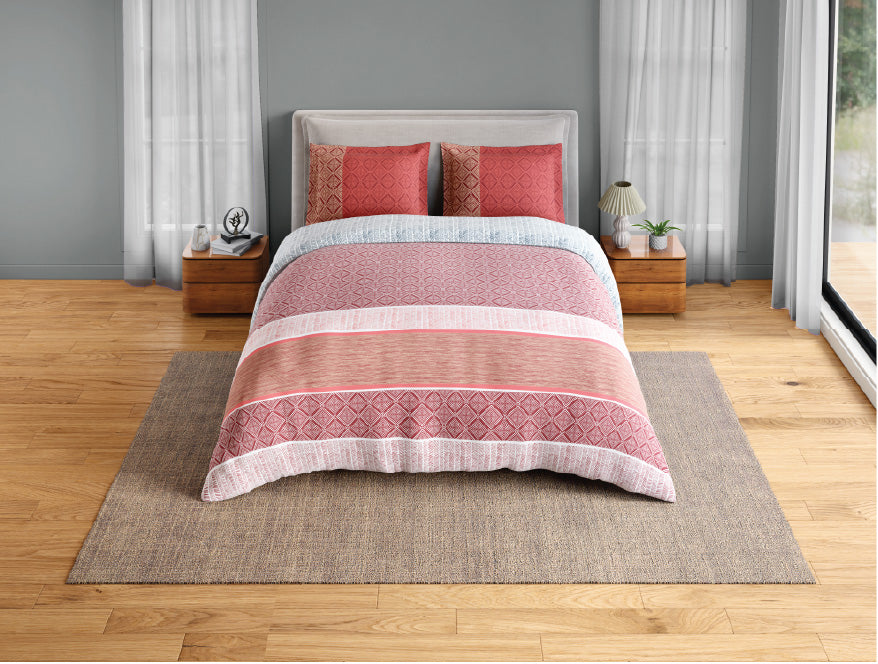 Spaces Fiora 100% Cotton 144 TC Percale Geometric Permium Bedding Set, Dark Red