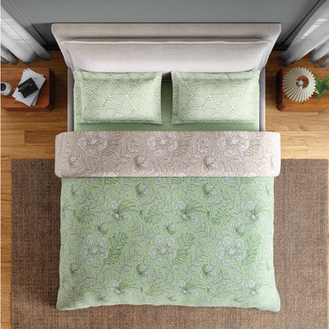 Spaces Fiora 100% Cotton 144 TC Percale Floral Permium Bedding Set, Light Green