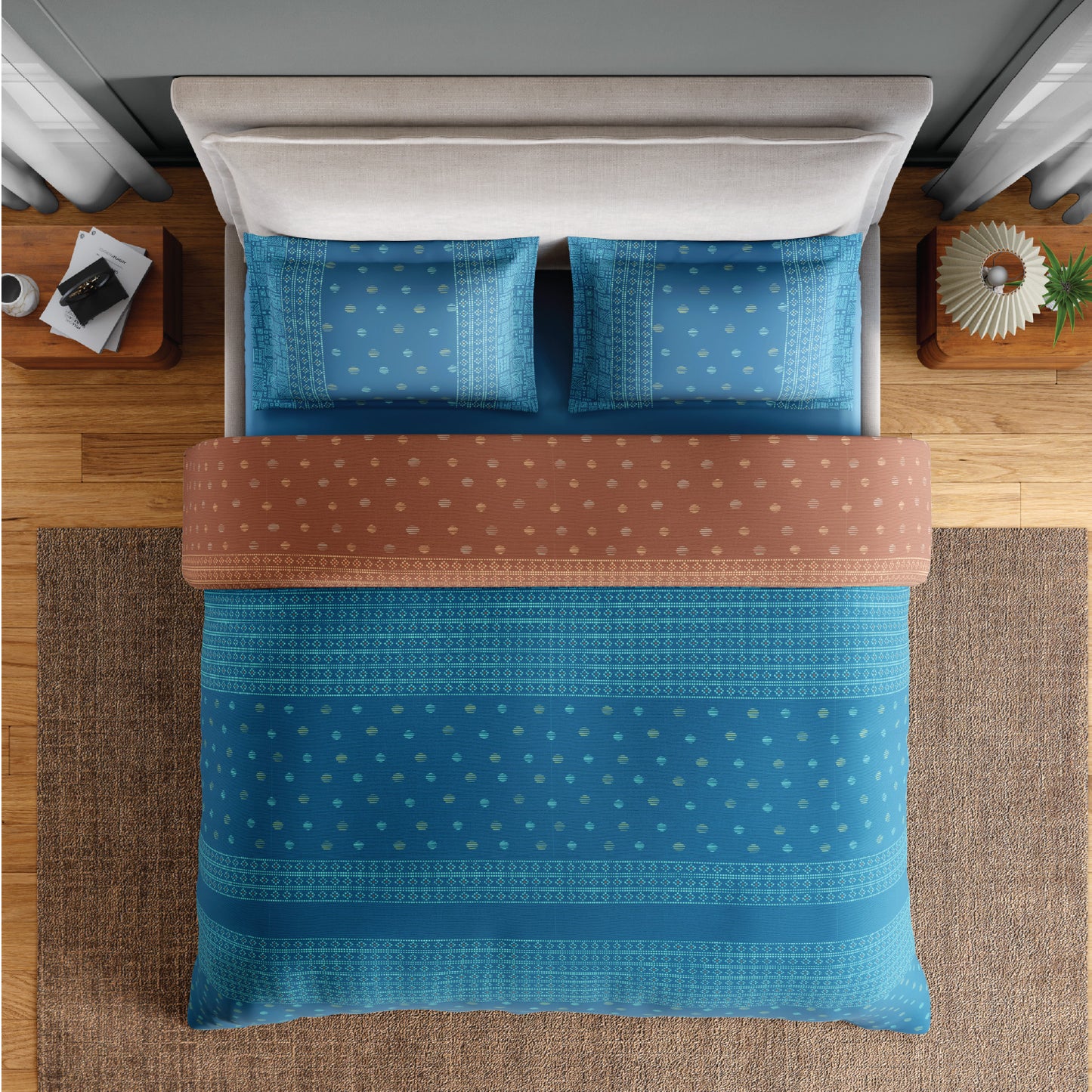 Spaces Fiora 100% Cotton 144 TC Percale Ornate Permium Bedding Set, Blue