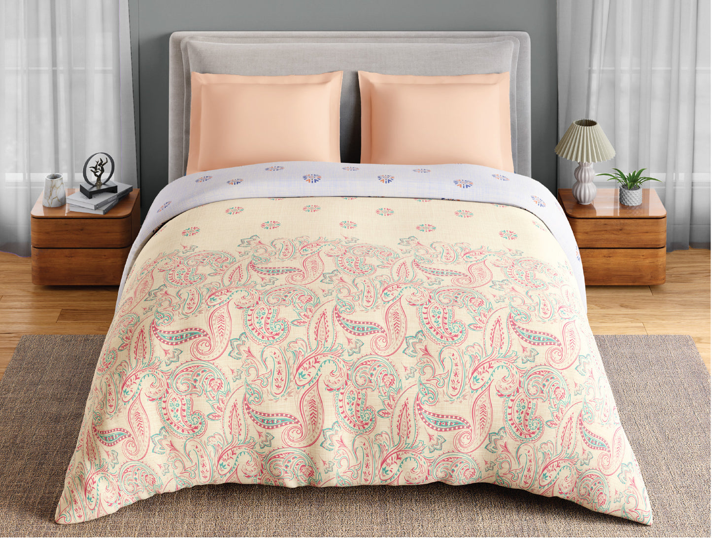 Spaces Fiora 100% Cotton 144 TC Percale Ornate Permium Double Duvet Cover, Light Yellow