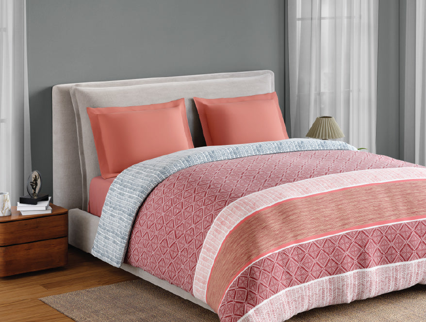 Spaces Fiora 100% Cotton 144 TC Percale Geometric Permium Double Duvet Cover, Dark Red